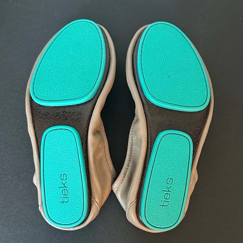 Tieks Beige Flats with Vibrant Teal Soles - Picture 2 of 3